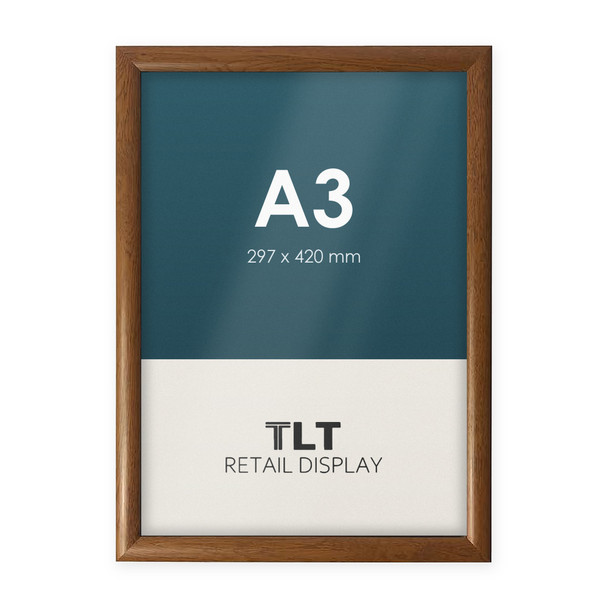 A3 wood look snap frame with 25mm aluminium profile and square corners, front view