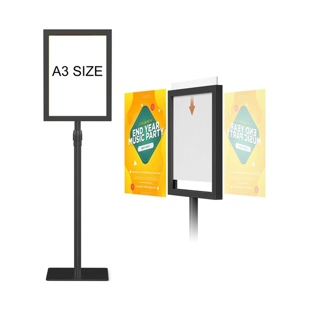 Black A3 double-sided floor stand sign holder with adjustable height