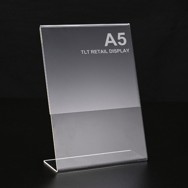 A5 portrait L-shape acrylic sign holder in 2mm clear perspex, single sided