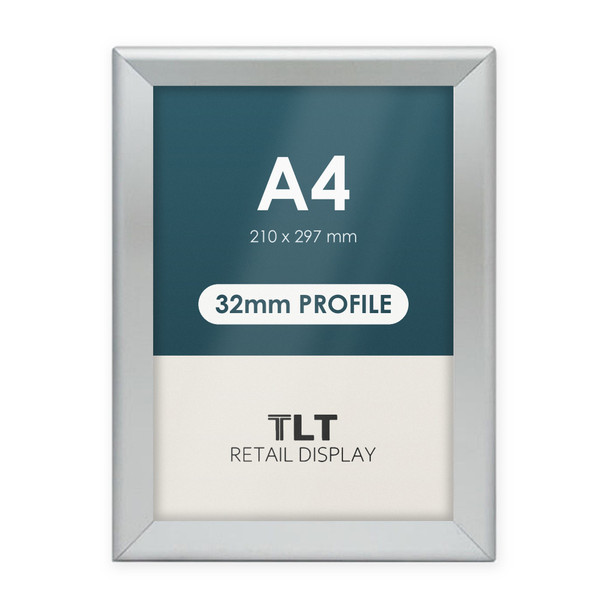 A4 silver 32mm heavy duty snap frame with square corners, front view