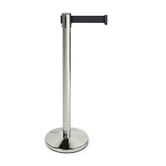 Premium silver queue barrier post with black soft-retract belt and cement-filled base, 1 post