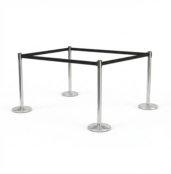 Premium silver queue barrier post with black soft-retract belt and cement-filled base, 4 posts