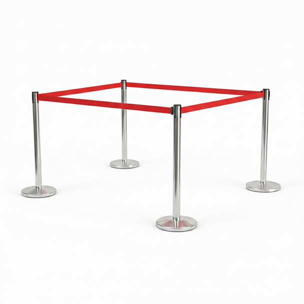 Set of 4 Premium 2m Retractable Belt Queue Barrier – Silver Crowd Control Stanchion RED Stainless Steel (view 7)