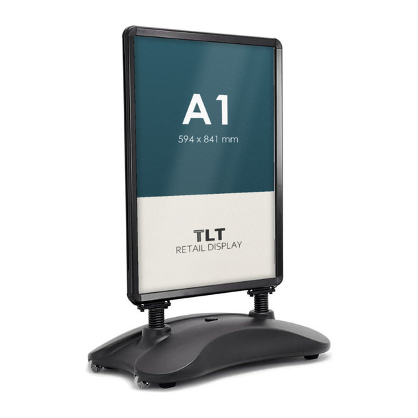 A1 waterbase double-sided pavement sign holder black handle and wheels – outdoor snap frame display stand