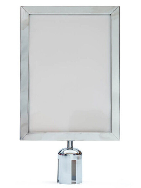 Silver A4 and A3 sign holder for a retractable belt queue post, front view