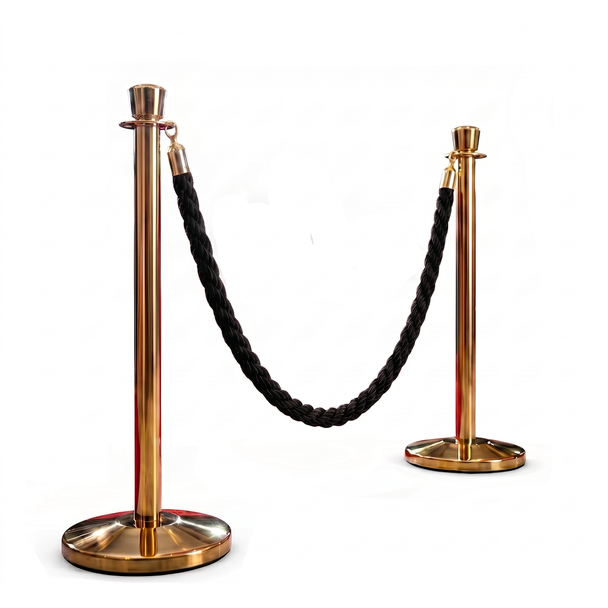 Premium Queue Barriers Set Crowd Control Bollards (2x golden POLE+ 1x braided Black Rope) (view 11)
