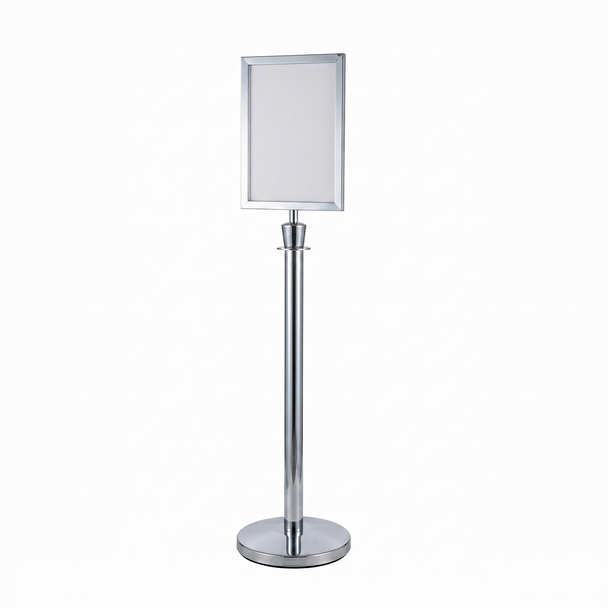 Premium chrome rope bollard barrier with double-sided A4 sign holder