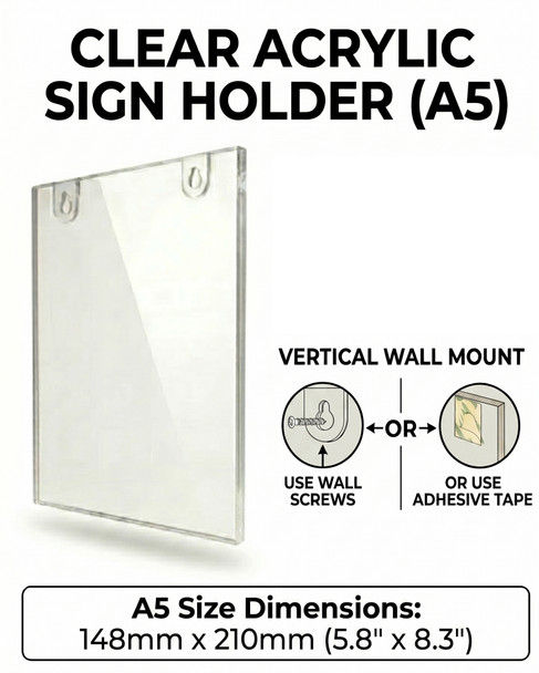 A5 Clear Acrylic Wall Mounted Sign Holder in Portrait Orientation