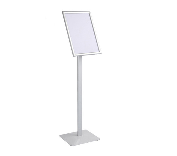 A4 silver sign floor stand with heavy duty base and 4-side snap frame, front view