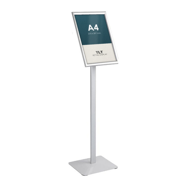 A4 silver snap frame floor stand shown with dimensions