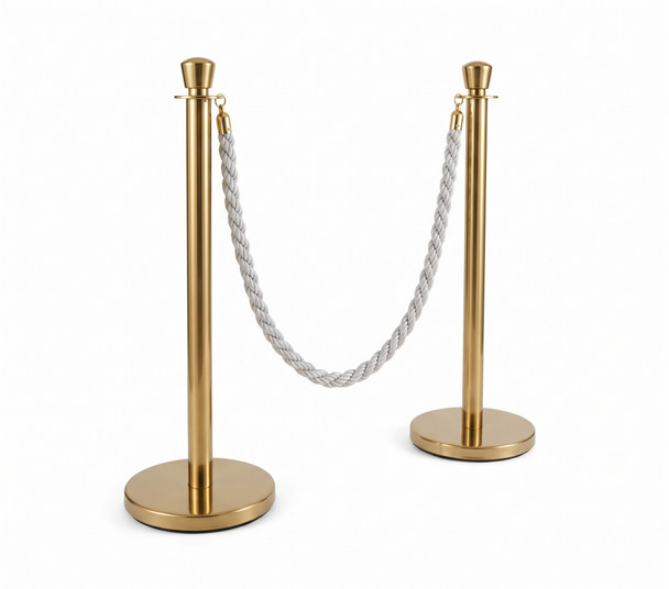 Polished Gold Stainless Steel Rope Barrier Stanchion Set - 2 Posts & 1 Silver Rope