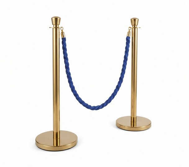 Polished Gold Stainless Steel Rope Barrier Stanchion Set - 2 Posts & 1 Blue Rope