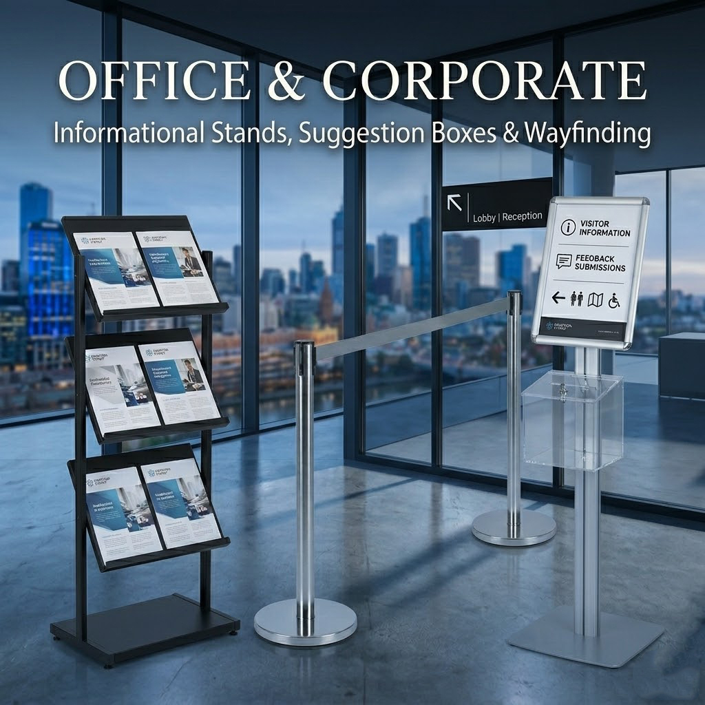 Corporate Office Information Stands, Brochure Racks and Wayfinding Signage