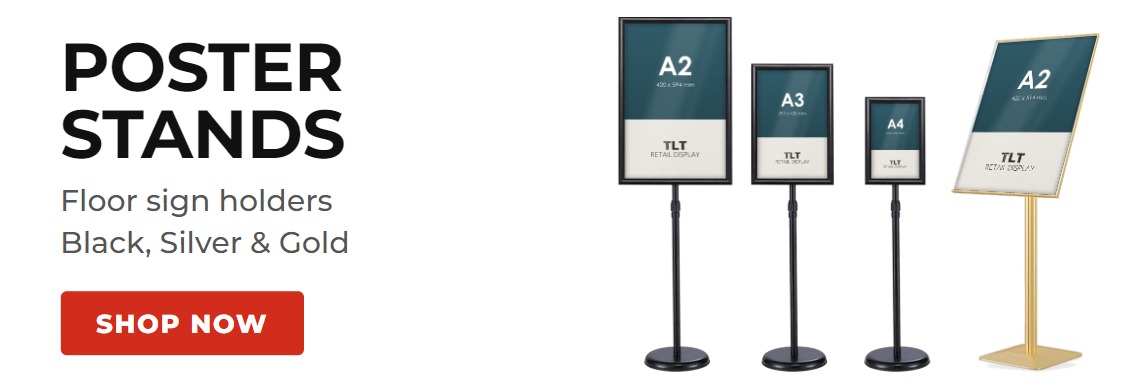 Poster stands and floor sign holders in black, silver and gold