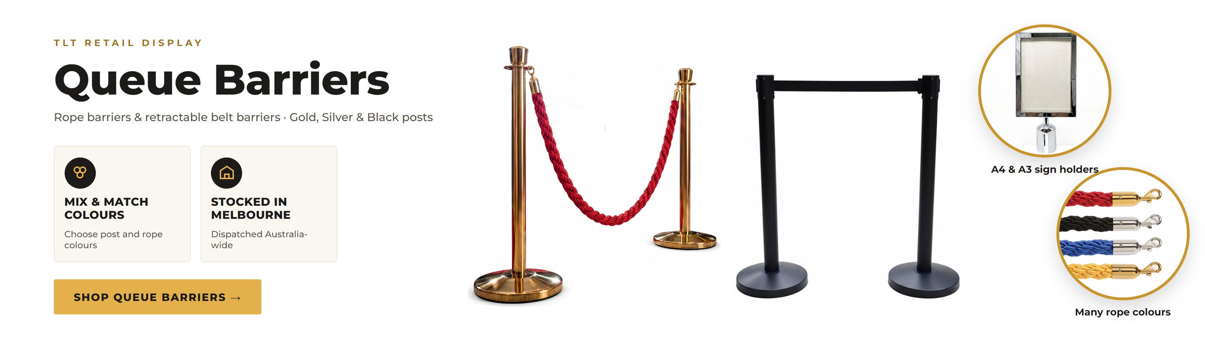 Queue barriers - rope barriers and retractable belt barriers in gold, silver and black, stocked in Melbourne