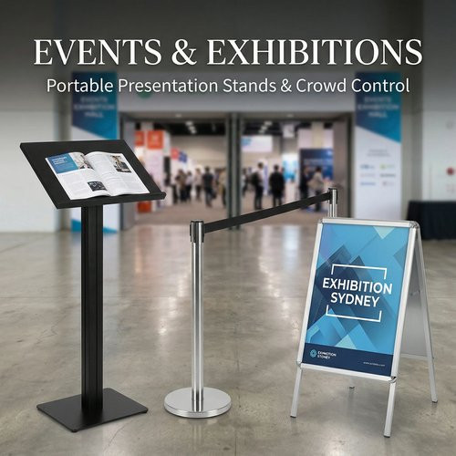 Exhibition Presentation Lecterns, Retractable Belt Barriers and Event Signage