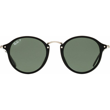 Ray-Ban Round RB2447, Black/Green Glass Lenses 49 Eye Size