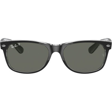 Ray-Ban New Wayfarer Classic RB2132, Black on Transparent/Green Polarised Glass Lenses 55 Eye Size