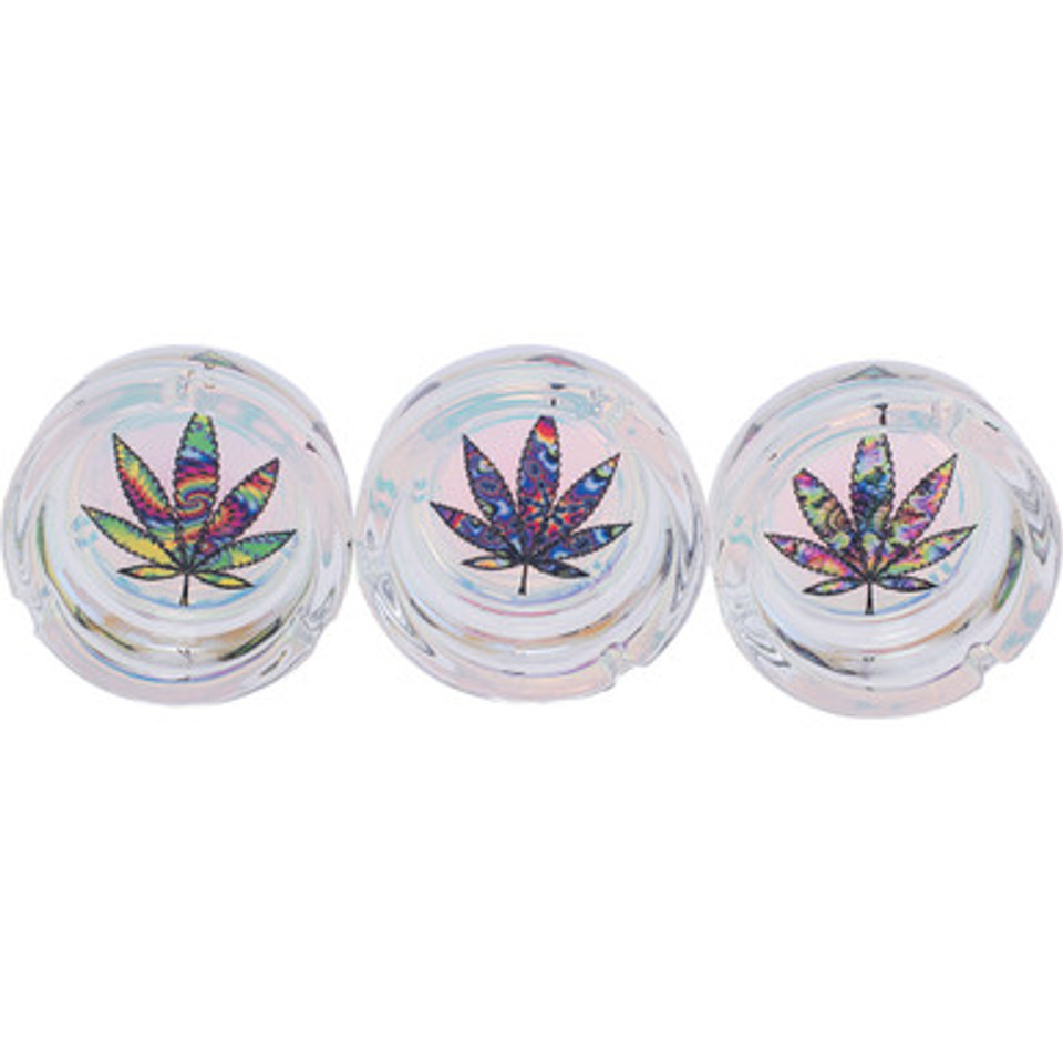 6ct. Round Shine Glass Ashtray - Trippy Leaf
