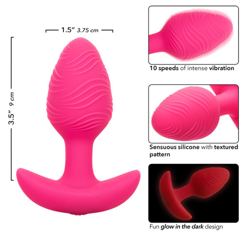 Cheeky Vibrating Glow In The Dark Butt Plug - Pink dimensions and info including image of glowing feature