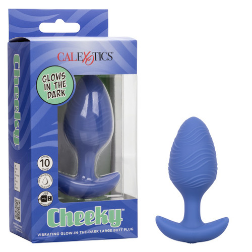 Cheeky Vibrating Glow In The Dark Large Butt Plug - Blue with box