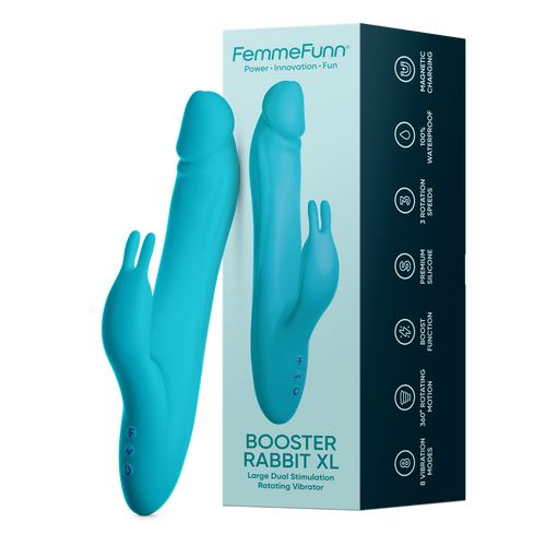 Booster Rabbit XL Rechargeable Rotating Vibrator - Turquoise and box