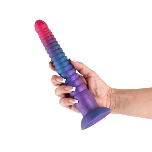 Colours Stacked 9" Dildo - Pink/Blue in hand
