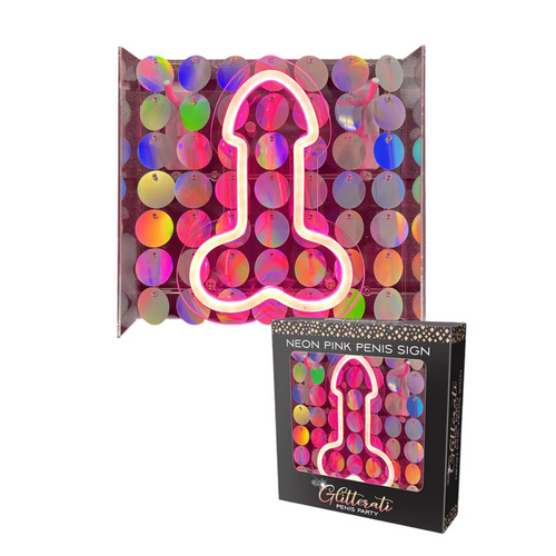 Glitterati Neon Penis Light up Sign outside package and in package view