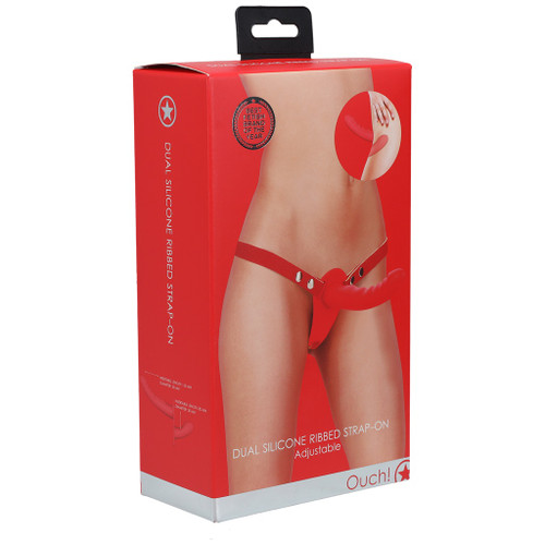 Dual Silicone Ribbed Strap-On Adjustable - Red in package