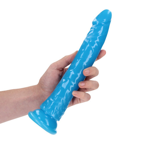 RealRock 10 Inch Slim Glow in the Dark - Neon Blue in hand