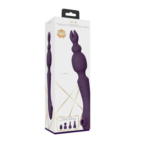 VIVE Nami - Rechargeable Double Ended Silicone Wand W/Interchangeable Sleeves - Purple in box
