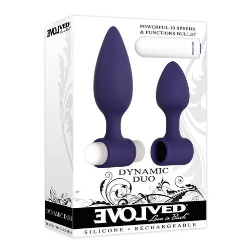 Dynamic Duo Rechargeable Silicone Vibrating Butt Plug Set in box