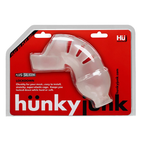 Hunkyjunk Lockdown Silicone Chastity Cage (Clear) in package