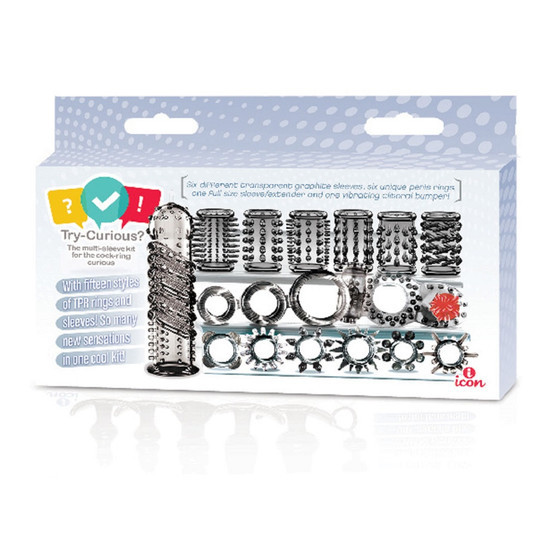 Try Curious Cock Ring & Sleeve Set 15PC (Smoke) in box