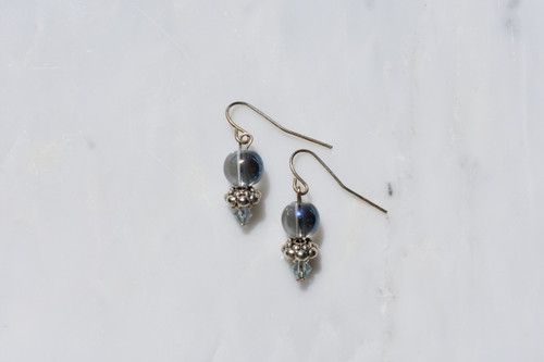Blue glass bead and silver spacer earrings