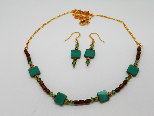 Jade Tile Beads with Wood and Swarovski necklace and earrings