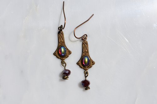 Antique brass and red fire cabochon and Swarovski earrings