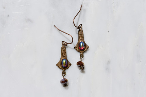 Antique brass and red fire cabochon and Swarovski earrings