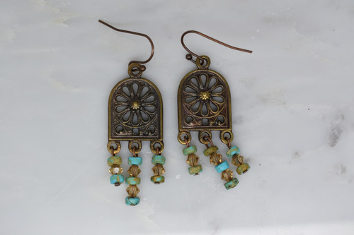 Mykonos Greek Bronze Patina Chandelier, Turquoise, Swarovski earrings