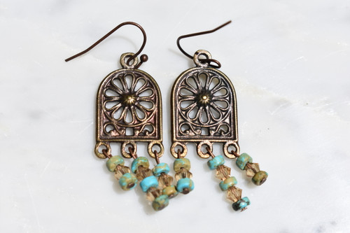 Mykonos Greek Bronze Patina Chandelier, Turquoise, Swarovski earrings