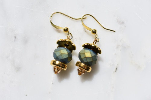 Blue Frosted Czech Glass and Gold Plated Disk Bead earrings