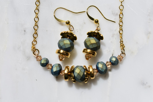 Blue Frosted Czech Glass, Gold Plated Disk Bead necklace, earrings set
