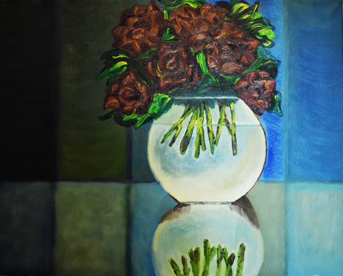 Original oil painting, red roses in glass vase, with blue curtains, 16 x 20
