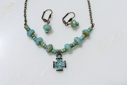 Greek Patina Cross and Czech Glass necklace and earrings
