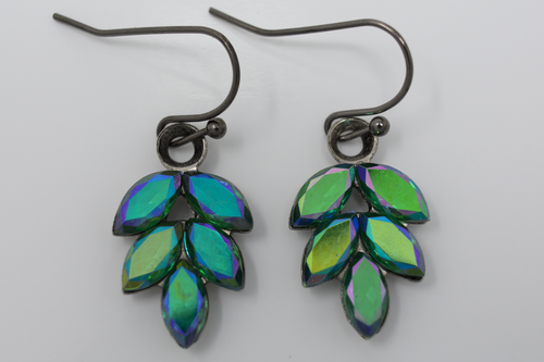 Vintage West German Rhinestone Leaf AB Emerald Earrings