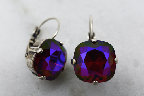 Siam Glacier Blue AB 12 mm Swarovski Cushion Cut earrings