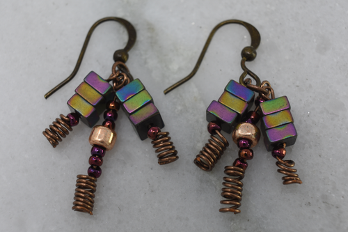 Square Metal Beads with Copper Coil Earrings