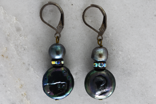 Natural Black Mother of Pearl Coin and Seed Beads with Swarovski Spacer Earrings