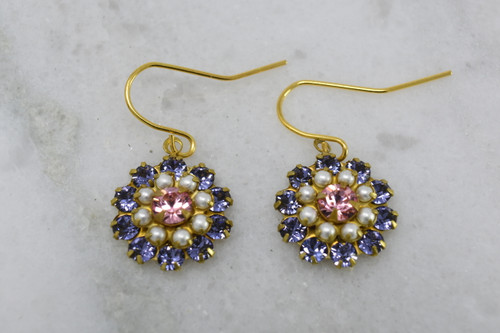 Swarovski Tanzanite and Rose Small Triple Flower Charm earrings