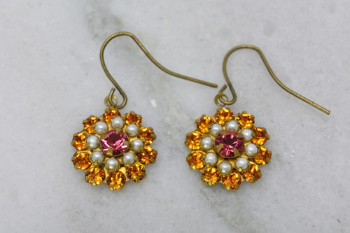 Swarovski Bright Orange and Pink Small Triple Flower Charm earrings